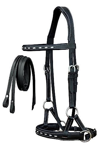CHALLENGER Leather Turquoise BuckStitch Bitless Sidepull Bridle Reins 7714 - color: Black/White, size: Full Size