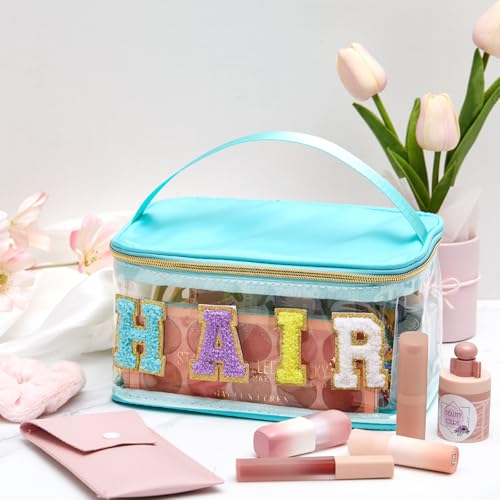Geetery Chenille Clear Makeup Bag, Green Hair Bag Cosmetic Case Nylon Makeup Portable Preppy Patch with Handle Zipper Toiletry Storage Case Waterproof Pink Hair Patch for Women - color: Green, style: Hair