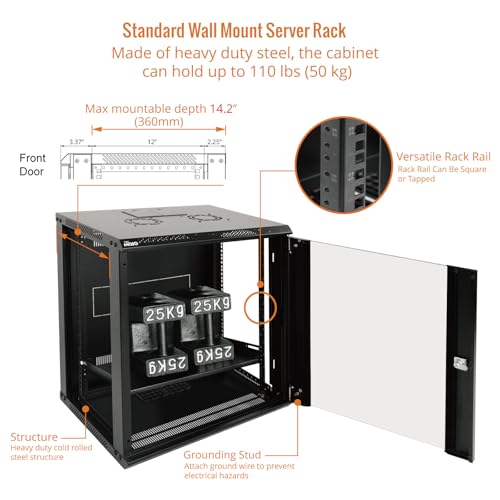 Tecmojo 12U Wall Mount Server Cabinet IT Network Rack Enclosure Lockable Door and Side Panels Black,Cooling Fan,Glass Door,17.7inch Depth,for 19” IT Equipment,A/V Devices - size: 12U/Glass Door/Black