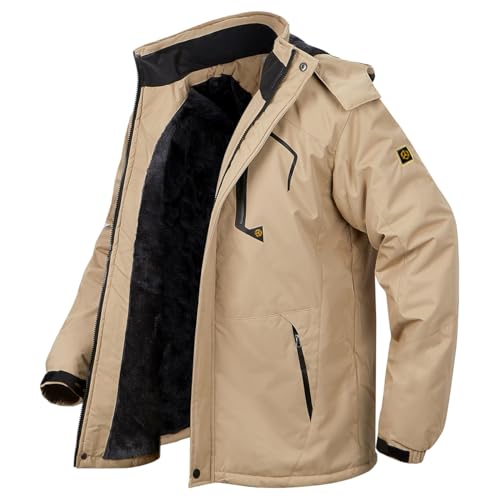 Men's Winter Ski Jacket Warm Fleece Waterproof Outdoor Mountain Hiking Windbreaker Hooded Snow Rain Coat - color: Khaki, size: Large