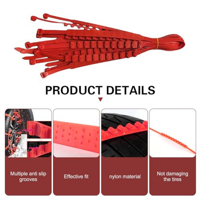 10 PCS Snow Chains for Car Tires, 35.4" Adjustable Traction Grip Tire Cables, Multi-groove Snow & Mud Chains with Serrated, Suitable for Most Cars, SUVs, Off-road Vehicles (Red)