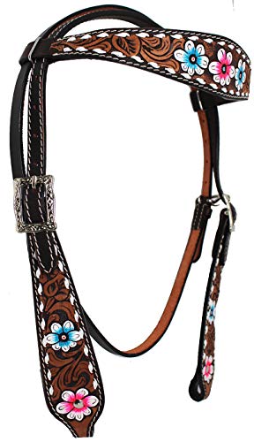 CHALLENGER Horse Western Leather Tooled Headstall Bridle Breast Collar Tack Set 78HRBrowbandSet - color: Brown 3 Daisy
