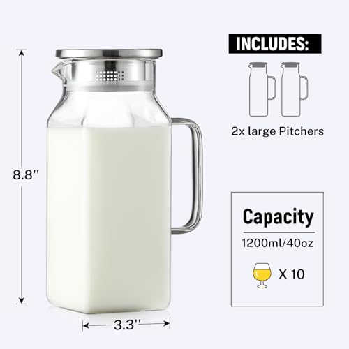 Netany 2 Pack 1.2 Liters/40 oz Small Square Glass Pitcher with Lid and Handle for Fridge, Iced Tea and Coffee Carafe Storage Container, Resistant to Hot and Cold Borosilicate Jug - size: 40 oz Clear