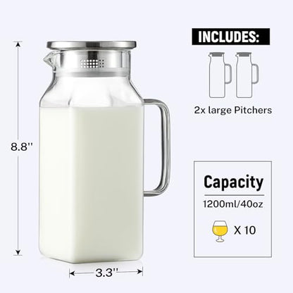 Netany 2 Pack 1.2 Liters/40 oz Small Square Glass Pitcher with Lid and Handle for Fridge, Iced Tea and Coffee Carafe Storage Container, Resistant to Hot and Cold Borosilicate Jug - size: 40 oz Clear