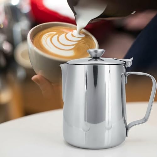 Milk Frothing Pitcher, 350ml (12oz), Stainless Steel Creamer with Lid | Fits for Milk, Coffee, Cappuccino and Latte Art - size: 12 Ounces