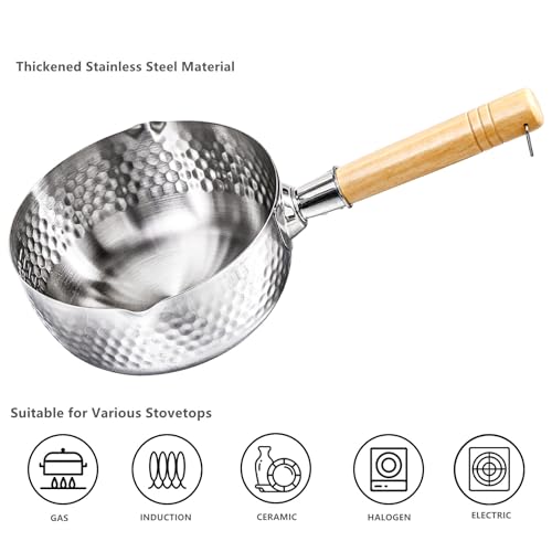 DEAYOU Stainless Steel Saucepan with Steamer, 1.2 Quart Yukihira Sauce Pan with Lid, Traditional Japanese Small Cooking Pot with Wood Handle and Two Side Spouts for Milk, Ramen, Soup, Tempura, 7"