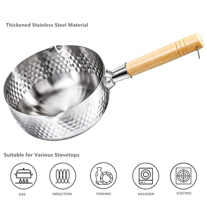 DEAYOU Stainless Steel Saucepan with Steamer, 1.2 Quart Yukihira Sauce Pan with Lid, Traditional Japanese Small Cooking Pot with Wood Handle and Two Side Spouts for Milk, Ramen, Soup, Tempura, 7"
