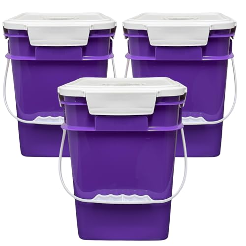 House Naturals 4 Gallon Square Food Grade Bucket Pail with Plastic Handles and Lid (Pack of 3) Made in USA containers (Purple) - color: Purple