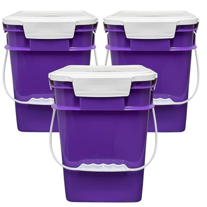 House Naturals 4 Gallon Square Food Grade Bucket Pail with Plastic Handles and Lid (Pack of 3) Made in USA containers (Purple) - color: Purple