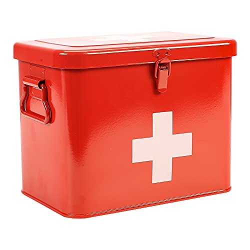 First Aid Kit, First Aid Medicine Supplies Bin - 2-Tier Metal Medicine Storage Tin, Samll First Aid Box with Removable Tray for Home & Workplace Emergency Tool Set - Red
