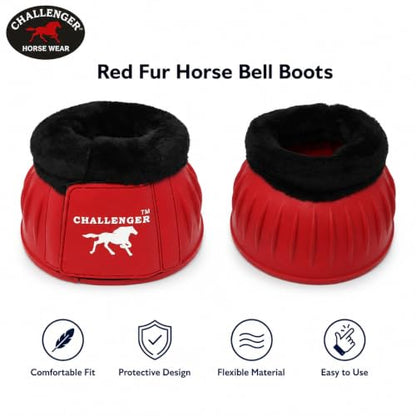 CHALLENGER Horse Training Ribbed Rubber Hoof Impact Overreach Protection Fleece Lined Bell Boots 41HI01 - color: Red, size: Medium