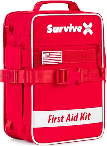 SurviveX Large First Aid Kit, Emergency Kit for 3-4 People | Labeled Pockets, Zip Stitch Wound Closures, Mountable, Quick Access, For Home, Car, Camping - size: Large