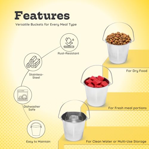 Stainless Steel Flat Side Bucket 1 Quart (0.25 Gallon)- Heavy Duty Hanging Food & Water Pail for Dogs, Cats, Birds, Kennel, Cages & Crates, Durable Rustproof Multi-Purpose Feeding Buckets - size: 1 Quarts