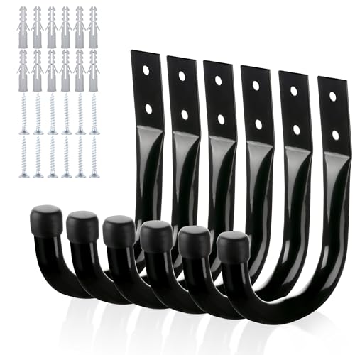 KURUI Metal Wall Hooks for Hanging Heavy Duty, 6Pcs Garage Organization and Storage Hook for Extension Cord Tool Coat Backpack Bag, Large Utility J Hooks, Black Wall Mount Hanges for Outdoor Indoor - size: 3.5''-6pcs