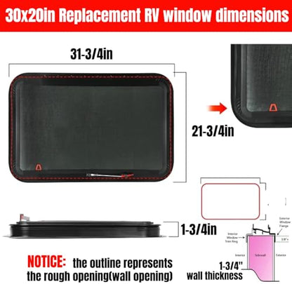 RV MURTS Trailer Emergency Pop Out Window w/Screen & Trim Kit, 30"x20". - size: RV Exit Window 30×20（1-1/2)