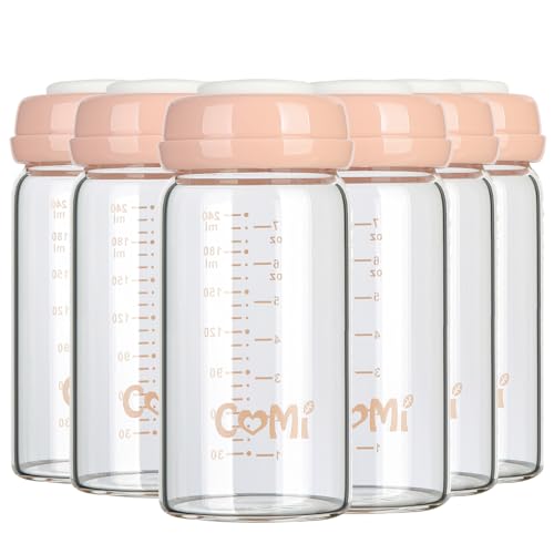 COMI Wide Neck Glass Breastmilk Collection n Storage Bottle, 8oz with Screw Ring Sealing Disk; Re-markable Sealing Disc. BPA Free, Fits Breast Pumps & Nipples (6 Pink Lids) - style: 240ml 6PINK