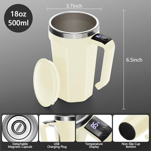 Self Stirring Coffee Mug with Temperature Display, 18 oz Rechargeable Self Stirring Mug with Lid, Automatic Self Stirring Cup with Stainless Steel for Coffee, Milk, Beverages, White - color: White
