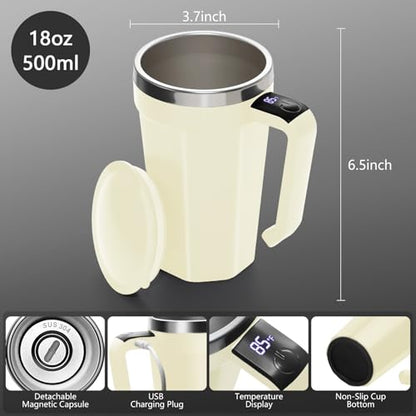 Self Stirring Coffee Mug with Temperature Display, 18 oz Rechargeable Self Stirring Mug with Lid, Automatic Self Stirring Cup with Stainless Steel for Coffee, Milk, Beverages, White - color: White