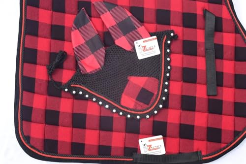 Buffalo Plaid All Purpose English Saddle Pad with Matching Fly Bonnet – Handmade Jumping Saddle Pad Set - size: Horse/Full