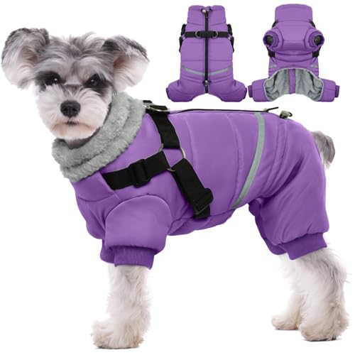 BRKURLEG Purple Dog Coat with Harness, Dog Winter Jacket, Dogs Onesie Body Warm Jackets, Small Dogs Winter Coats Reflective Windproof Warm Cold Weather Coats, Pet Waterproof Jackets, S - color: Purple, size: Small