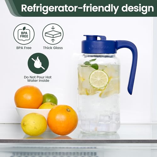Mason Jar Pitcher, 64 oz (2 quart), Glass Pitcher with Lid | Airtight, Leak proof, Ergonomic Handle, Pour Spout Lid, Fridge Safe, for Sun Tea, Iced Tea, Cold Brew, Lemonade, Outside - color: Blue