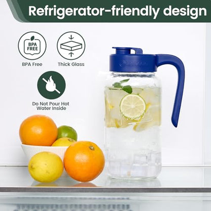 Mason Jar Pitcher, 64 oz (2 quart), Glass Pitcher with Lid | Airtight, Leak proof, Ergonomic Handle, Pour Spout Lid, Fridge Safe, for Sun Tea, Iced Tea, Cold Brew, Lemonade, Outside - color: Blue