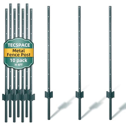 TECSPACE Metal Fence Post, 4 ft Heavy Duty U-Post with Anchor Plate and Adjustable Tabs, Rust-Proof Steel Stakes for Garden, Farm, Lawn, 10 Pack (4 Feet) - size: 4 FT 10PCS
