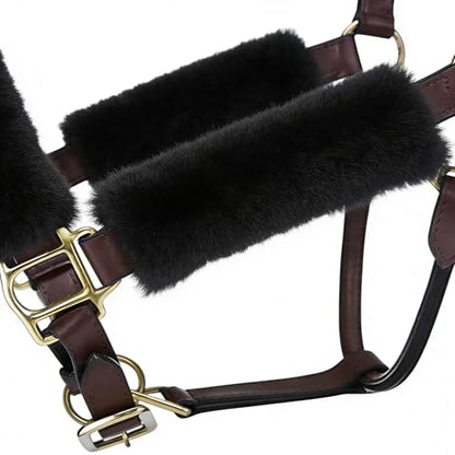Genuine Wool Horse Halter Cover, 4 PCS Merino Sheepskin Horse Halter Set - color: Black