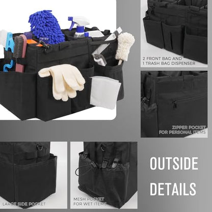 SCAVATA Wearable Cleaning Caddy Organizer with Handle & Shoulder Straps for Housekeepers, Under Sink & Car Cleaning Tool Organizer Bag with 4 Foldable Dividers (Black) - color: Black