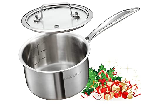 DELARLO Full-body Clad Tri-Ply Stainless Steel 2.5 Quart Saucepan with Lid - color: Silver, size: 2.5 Quarts