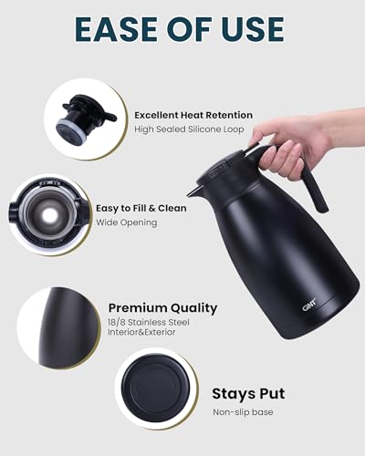 GiNT 2.2L / 74Oz Thermal Coffee Carafe, Insulated Stainless Steel Coffee Carafes for Keeping Hot/Double Walled Vacuum Thermal Carafe (Black) - color: Black, size: 74.4 Ounces