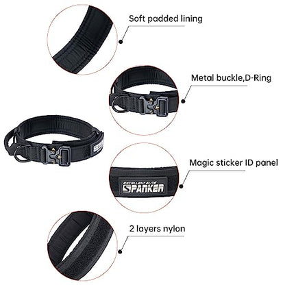 EXCELLENT ELITE SPANKER Tactical Nylon Dog Collar Military Metal Buckle | Adjustable Training Padded Durable Dog Collar Heavy Duty with Control Handle & Patches for Medium and Large Dogs Easy Wear - color: Black, size: M-(14''-18")