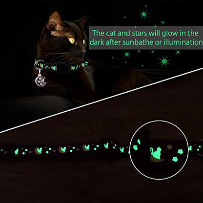 2Pcs Breakaway Cats Collars Cat Collars for Boy & Girl Cats Moons Adjustable Kitten Collars with Bell & Pendant Glow in The Dark,Purple+Black - color: Purple+Black, size: 7.0-10.7''