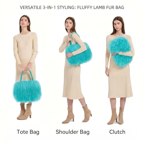 Women Luxury Real Curly Mongolian Lamb Fur Purse - color: Blue