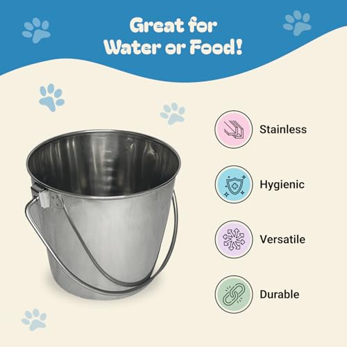 Heavy Stainless Steel Round Bucket, 9 Quart | Durable Food & Water Pail for Dogs, Cats, Kennels, Cages and Critter Crates | Multi-Purpose Bucket - size: 9 quart