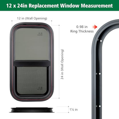 Dulepax Vertical RV Window, 12" W x 24" H Tinted Slide Trailer Window, Tempered Glass Camper Window Replacement with Net Screen and Trim Ring, DOT Approved - size: Vertical 12"x24"