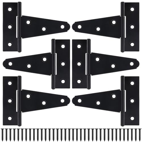 4 Inch T-Strap Gate Hinges, Shed Barn Door Hinges Heavy Duty, Black Tee Hinges for Wooden Fences, Yard Gate, Wrought Hardware Iron Rustproof (6 Pack/Set) - size: 4 Inch
