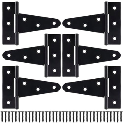 4 Inch T-Strap Gate Hinges, Shed Barn Door Hinges Heavy Duty, Black Tee Hinges for Wooden Fences, Yard Gate, Wrought Hardware Iron Rustproof (6 Pack/Set) - size: 4 Inch
