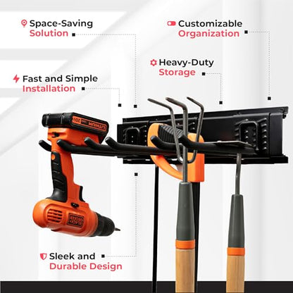 TIDYME Garage Tool Organizer Wall Mount - 48 inches - Sturdy Storage Rack with Adjustable Hooks, Anti-Rust - Easy Installation, 300lbs Capacity - Garden Tool Organizer (03 Racks & 06 Hooks) | 300 lbs, anti-rust carbon steel, garden tool organizer & storag