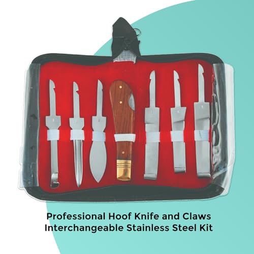 Professional Hoof Knife and Claws Interchangeable Stainless Steel Kit – Hoof Trimming & Cleaning Tools with Ergonomic Handle for Horses, Cattle, Livestock Animal – Set of 6 with Zipper Case
