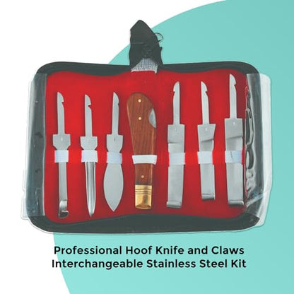Professional Hoof Knife and Claws Interchangeable Stainless Steel Kit – Hoof Trimming & Cleaning Tools with Ergonomic Handle for Horses, Cattle, Livestock Animal – Set of 6 with Zipper Case