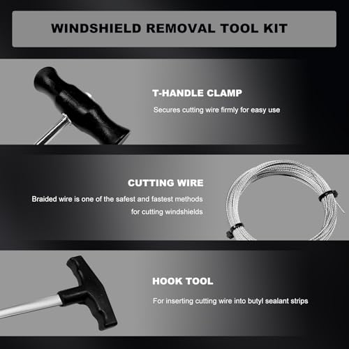 Sun Walker Windshield Removal Tool Kit, 65.6 Ft Window Glass Cutting Wire with Hook Tool & T-Handles, Professional Steel Wire Cut Out Set for Auto Windscreen Repair, Car Accessories