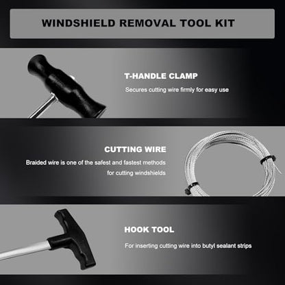 Sun Walker Windshield Removal Tool Kit, 65.6 Ft Window Glass Cutting Wire with Hook Tool & T-Handles, Professional Steel Wire Cut Out Set for Auto Windscreen Repair, Car Accessories