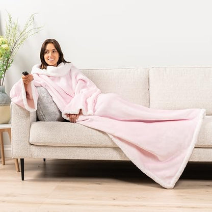 PAVILIA Sherpa Wearable Blanket with Sleeves and Pocket, Plush Thick Cozy Body Blanket Wrap for Adult Women Men, Christmas Gift for Wife Mom, Light Pink - color: Light Pink