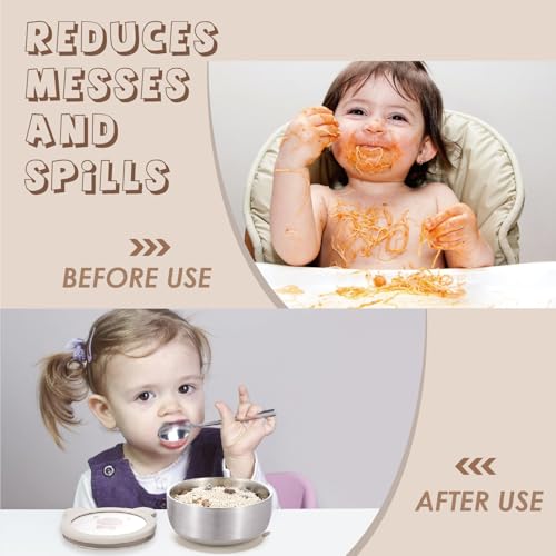 MR. CHOU Baby Bowls with Non-Slip Silicone Suction Cup, Insulated Double-Layer 18/8 Stainless Steel Toddler Bowls with BPA Free Airtight Lids, Food-Grade Silicone Safe for Kids (Beige) - color: Beige