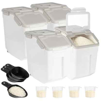 4 Pack Rice Container 25 lbs Large Bulk Flour Sugar Storage Holdhouse Plastic Grain Cereal Dry Goods Bin with Spoon and Measuring Cup for Kitchen Pantry Organization - Grey - color: Grey, 4 Pack