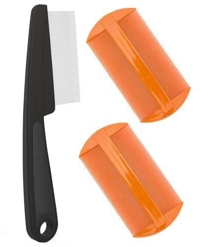 Dandruff Comb Removal Steel Fine Tooth Scalp Detox Hair Care Tool 3PC | Build Up Flakes Lice Comb, Stainless Steel Teeth, Self Cleaning, Anti Slip Handle, for Women Men Kids, Black+ Orange - color: Black+Orange