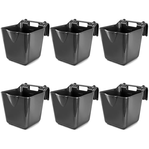 15 Qt Hook-Over Plastic Livestock Horse Feed Bucket, 6-Pack, Black | Heavy duty 15 quart hanging Fence Hay Feeder, mountable feed bucket for horse, sheep, cattle, ideal for stalls & pasture use