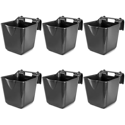 15 Qt Hook-Over Plastic Livestock Horse Feed Bucket, 6-Pack, Black | Heavy duty 15 quart hanging Fence Hay Feeder, mountable feed bucket for horse, sheep, cattle, ideal for stalls & pasture use