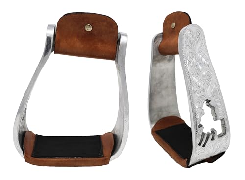 CHALLENGER Horse Western Turquoise Aluminium Engraved Barrel Racer Angled Stirrups 51151